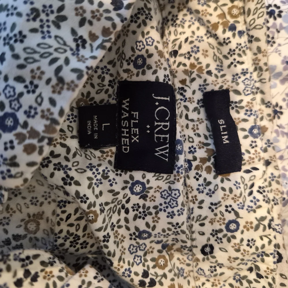 J. Crew Men's Floral Button-Down Shirt - White with Blue & Brown Print Large